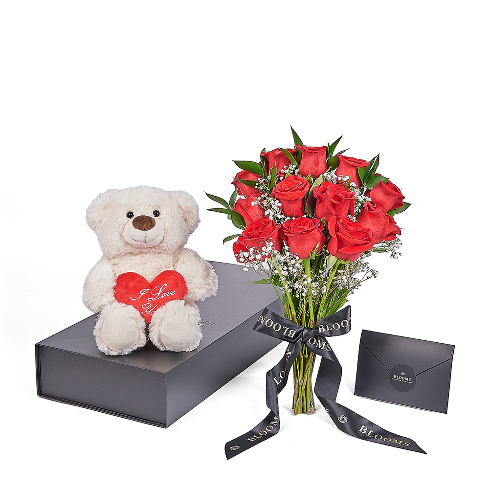 Valentine's Day 12 Stem Red Rose Bouquet With Box & Bear, plush, roses, Valentine's day gifts, Vancouver Same Day Flower Delivery