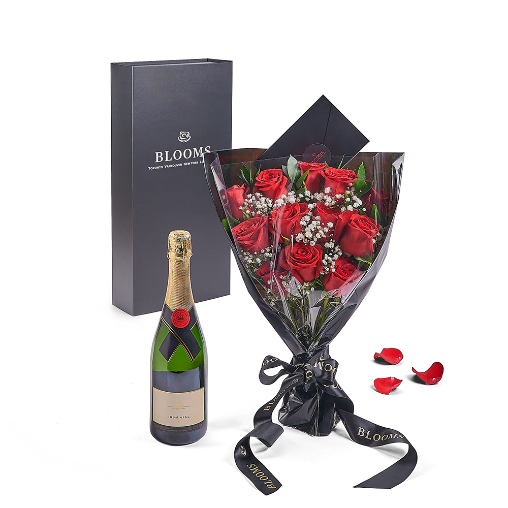 Valentine’s Day 12 Stem Red Rose Bouquet With Box & Champagne, Valentine's day gifts, Vancouver Same Day Flower Delivery, sparkling wine
