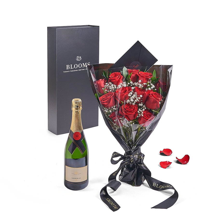 Valentine’s Day 12 Stem Red Rose Bouquet With Box & Champagne, Valentine's day gifts, Vancouver Same Day Flower Delivery, sparkling wine