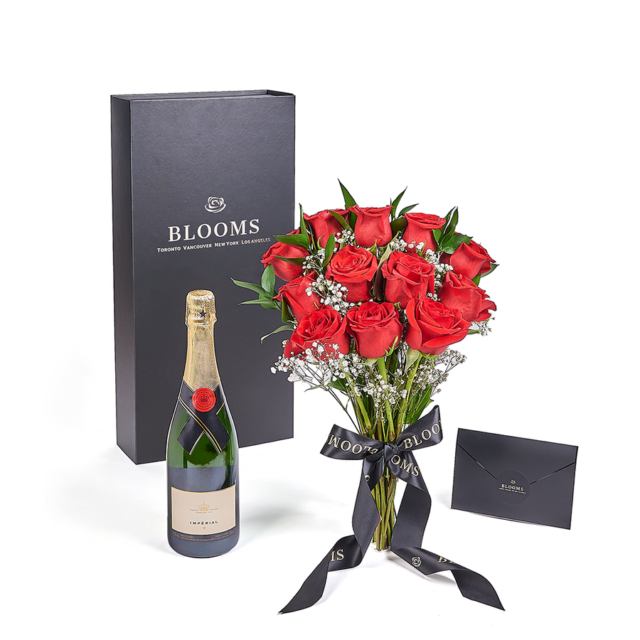 Valentine’s Day 12 Stem Red Rose Bouquet With Box & Champagne, Valentine's day gifts, Vancouver Same Day Flower Delivery, sparkling wine