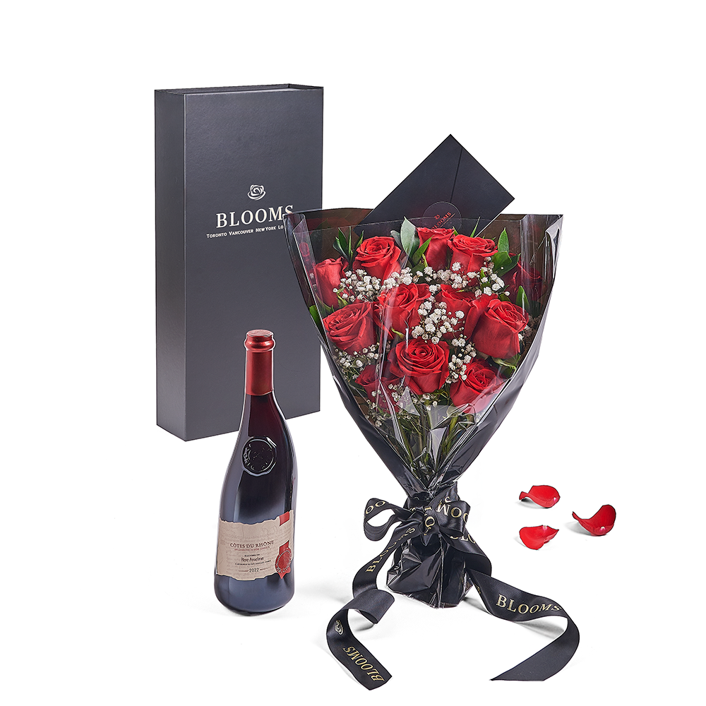 Valentine's Day 12 Stem Red Rose Bouquet With Box &amp; Wine, roses, wine, Valentine's day gifts, Vancouver Same Day Flower Delivery