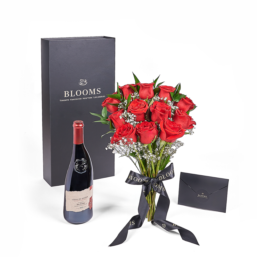 Valentine's Day 12 Stem Red Rose Bouquet With Box & Wine, roses, wine, Valentine's day gifts, Vancouver Same Day Flower Delivery