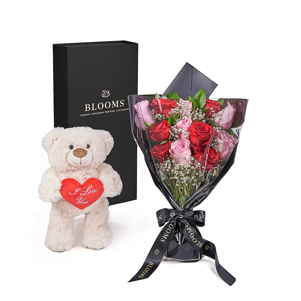 Valentine's Day 12 Stem Red & Pink Rose Bouquet With Box & Bear, Vancouver Same Day Flower Delivery, Valentine's Day gifts, roses, plush gifts. Vancouver Delivery