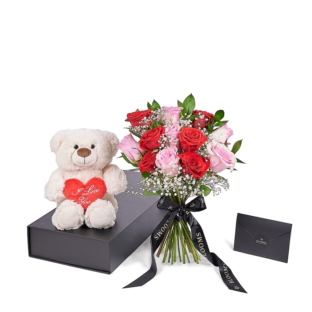 Valentine's Day 12 Stem Red & Pink Rose Bouquet With Box & Bear, Vancouver Same Day Flower Delivery, Valentine's Day gifts, roses, plush gifts. Vancouver Delivery
