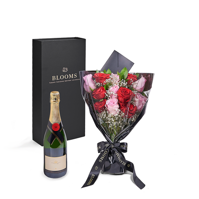 Valentine’s Day 12 Stem Red & Pink Rose Bouquet With Box & Champagne, Vancouver Same Day Flower Delivery, Valentine's Day gifts, roses