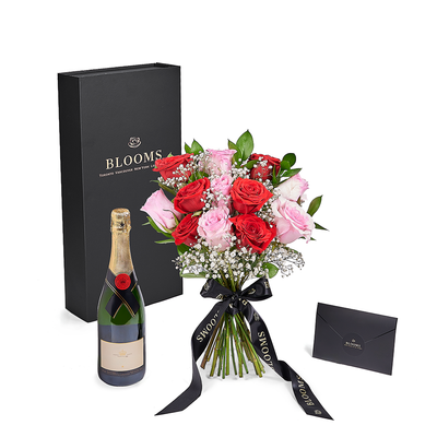 Valentine’s Day 12 Stem Red & Pink Rose Bouquet With Box & Champagne, Vancouver Same Day Flower Delivery, Valentine's Day gifts, roses