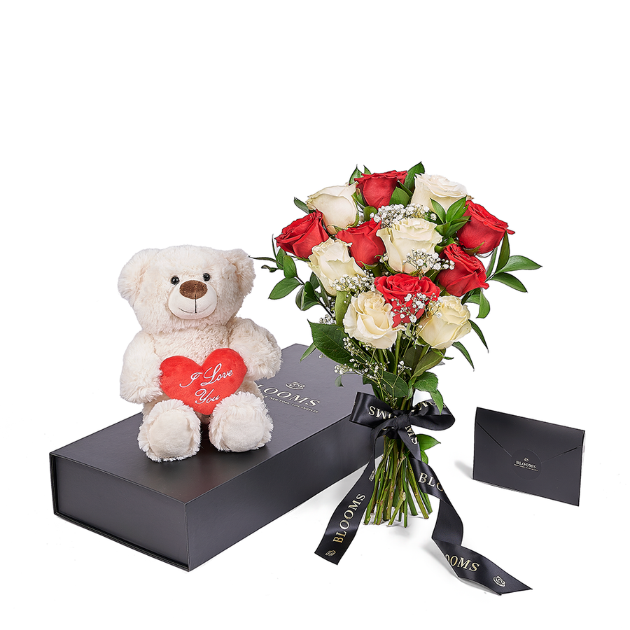 Valentine's Day 12 Stem Red & White Bouquet With Box & Bear, Toronto Same Day Flower Delivery, Valentine's Day gifts, roses, plush gifts. Vancouver Delivery