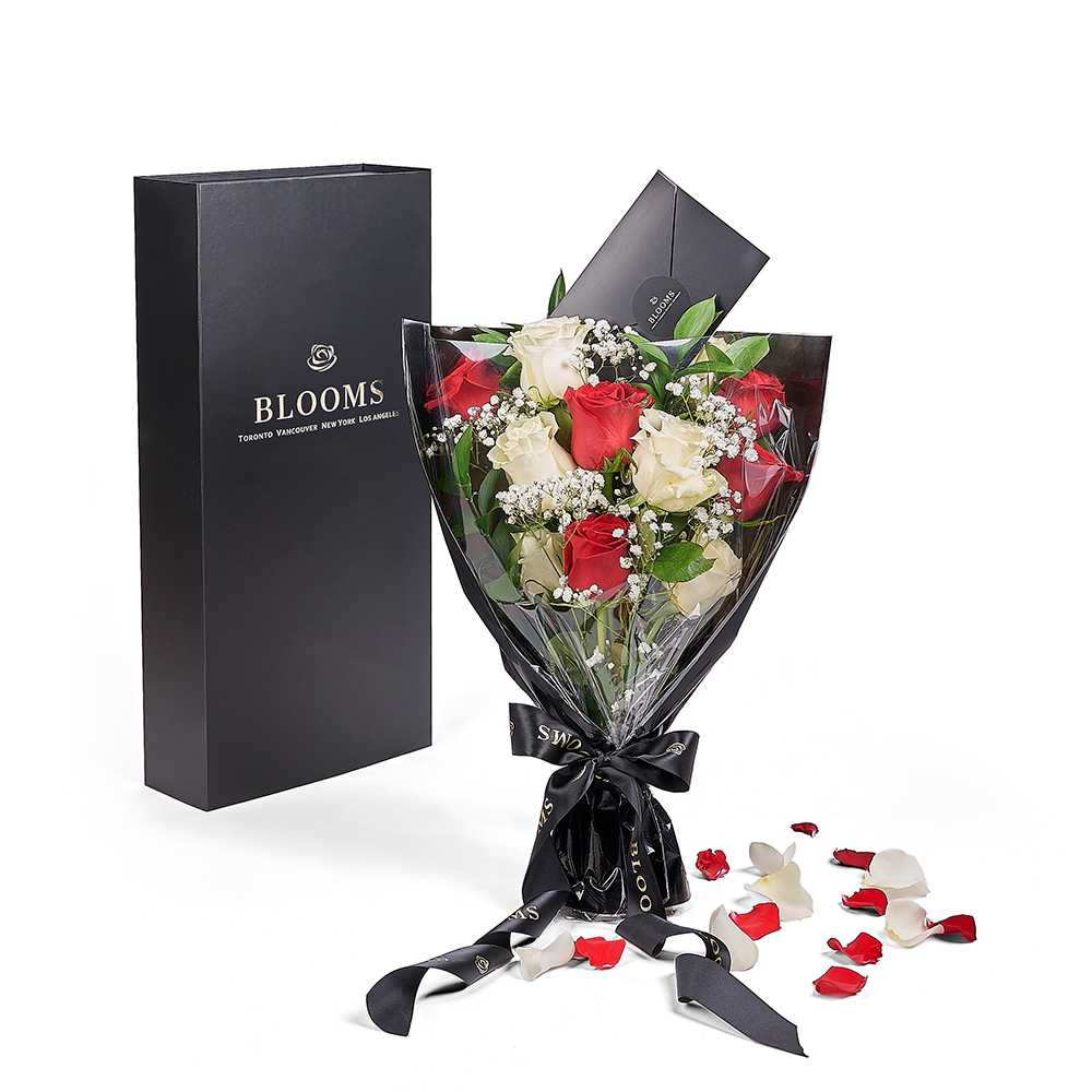 Valentine's Day 12 Stem Red &amp; White Rose Bouquet With Box, Vancouver Same Day Flower Delivery, Valentine's Day gifts, roses, Vancouver Delivery