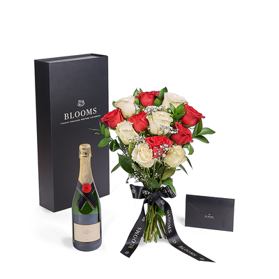 Valentine's Day 12 Stem Red & White Rose Bouquet With Box & Champagne, Valentine's Day gifts, roses, champagne gifts, Vancouver Delivery