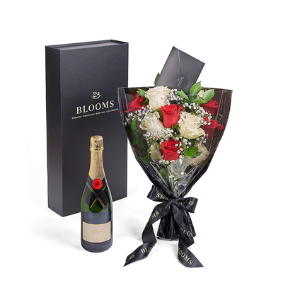 Valentine's Day 12 Stem Red & White Rose Bouquet With Box & Champagne, Valentine's Day gifts, roses, champagne gifts, Vancouver Delivery