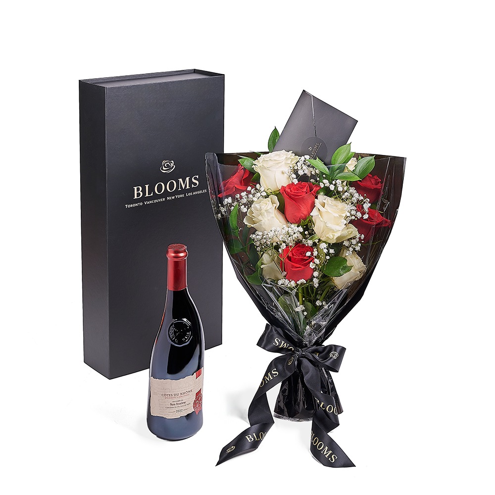 Valentine’s Day 12 Stem Red &amp; White Rose Bouquet With Box &amp; Wine, Valentine's Day gifts, roses, wine gifts, Vancouver Same Day Flower Delivery