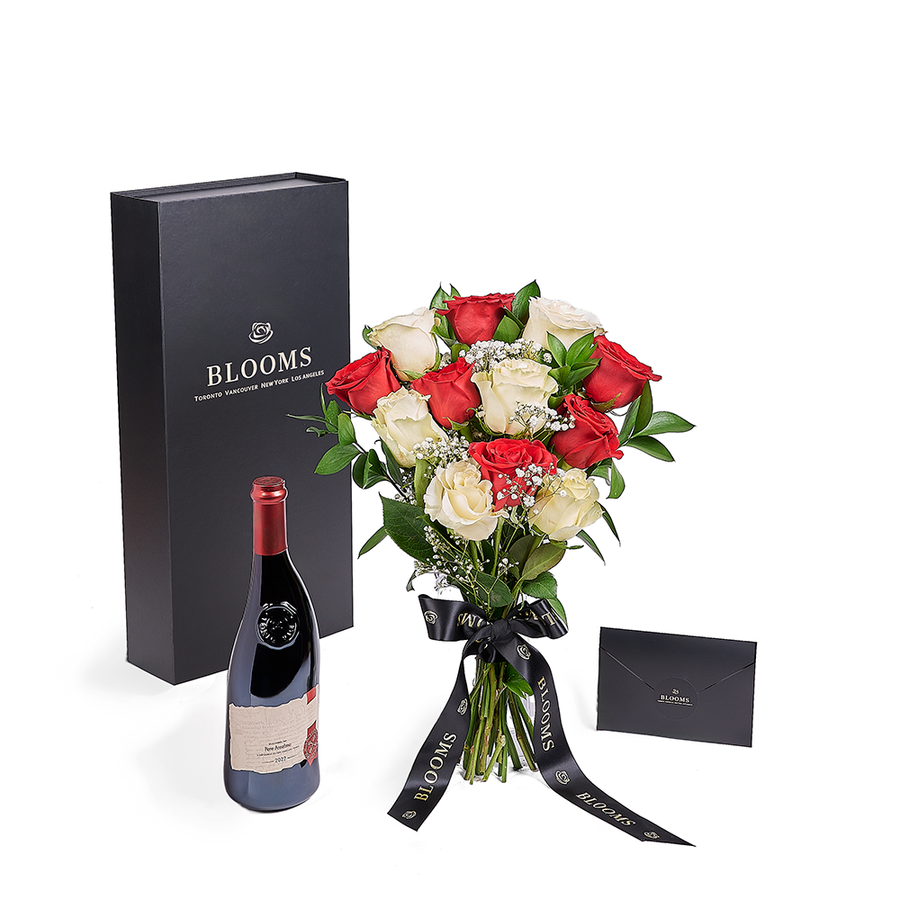 Bouquet de roses rouges et blanches à 12 tiges pour la Saint-Valentin, avec boîte et vin