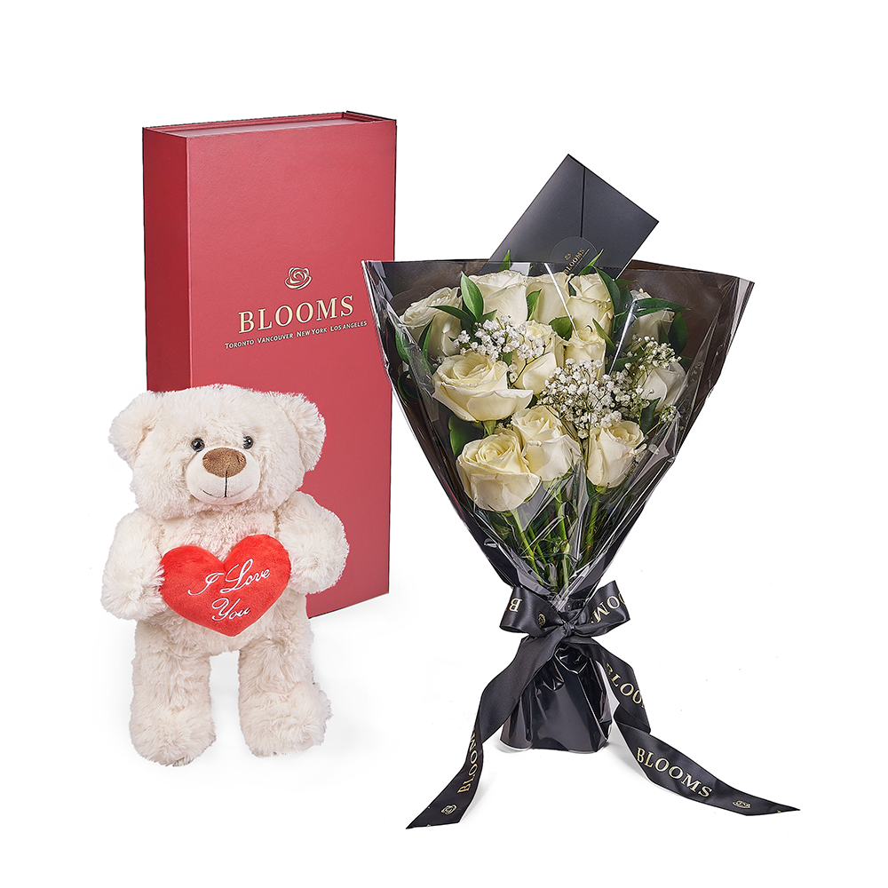 Valentine’s Day 12 Stem White Rose Bouquet With Box &amp; Bear, Valentine's Day gifts, plush gifts, roses gifts, Vancouver Same Day Flower Delivery