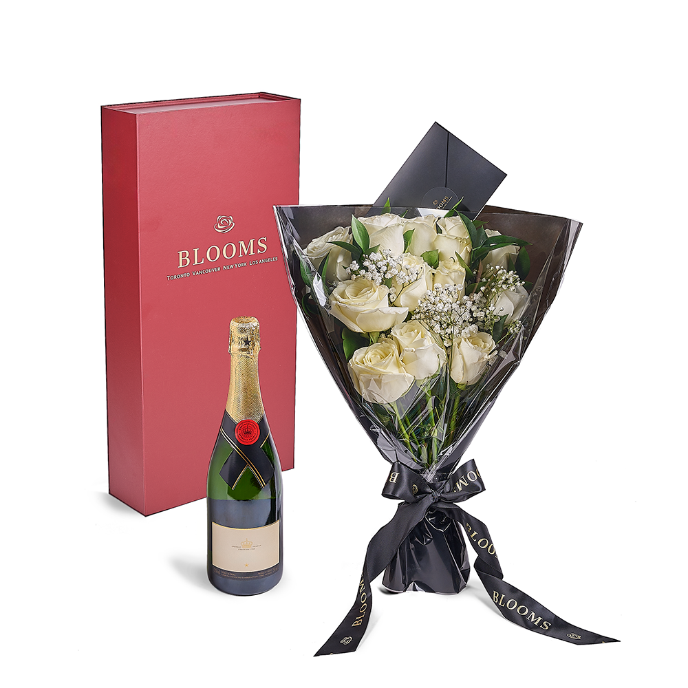 Valentine’s Day 12 Stem White Rose Bouquet With Box &amp; Champagne, Valentine's Day gifts, Toronto Same Day Flower Delivery, roses, champagne gifts. Vancouver Delivery