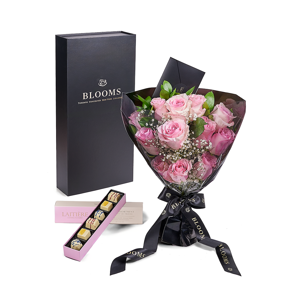 Valentine’s Day Dozen Pink Rose Bouquet With Box &amp; Chocolate, Toronto Same Day Flower Delivery, Valentine's Day gifts, bouquets, pink roses. Vancouver Delivery