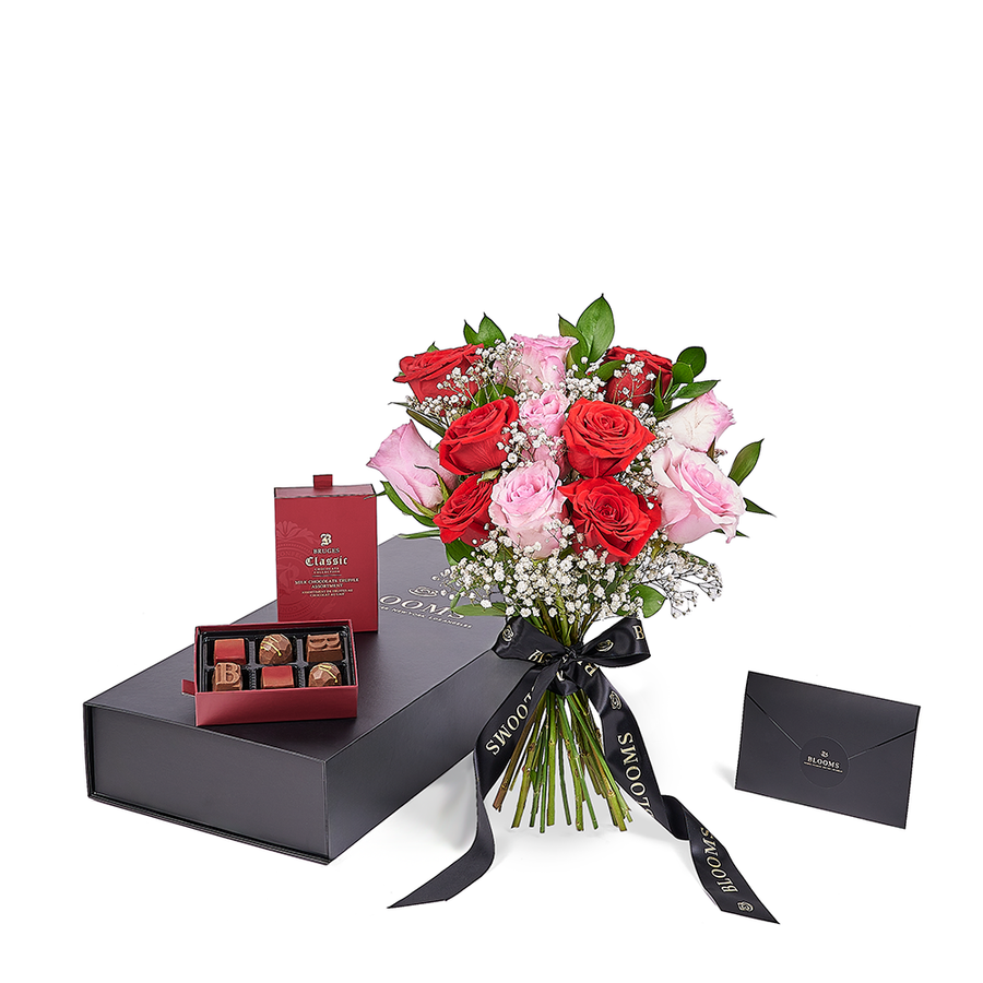 Valentine’s Day Dozen Red & Pink Rose Bouquet With Box & Chocolate, Vancouver Same Day Flower Delivery, Valentine's Day gifts. Vancouver Delivery