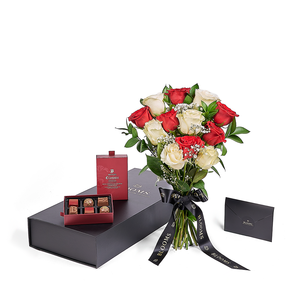 Valentine’s Day Dozen Red & White Rose Bouquet With Box & Chocolate, Valentine's Day gifts, Vancouver Same Day Flower Delivery, roses