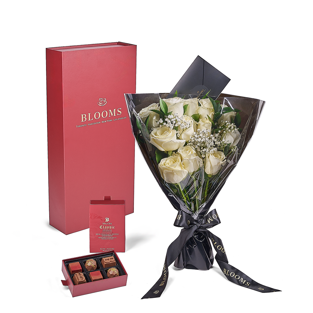 Valentine’s Day Dozen White Rose Bouquet With Box &amp; Chocolate, Valentine's Day gifts, roses, chocolate gifts, Vancouver Same Day Flower Delivery