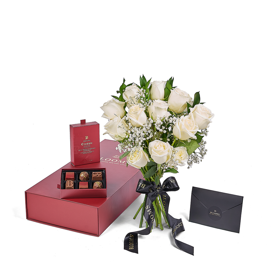 Valentine’s Day Dozen White Rose Bouquet With Box & Chocolate, Valentine's Day gifts, roses, chocolate gifts, Vancouver Same Day Flower Delivery