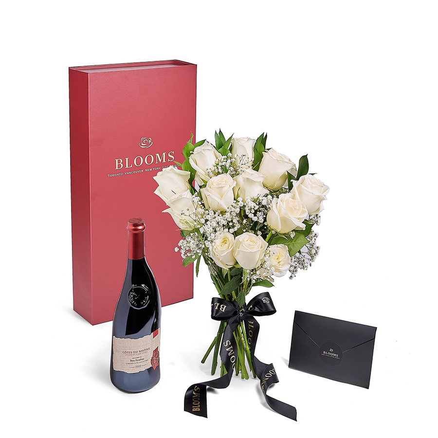 Valentine's Day Dozen White Rose Bouquet With Box & Wine, Vancouver Same Day Flower Delivery, flower gifts, Valentine's Day gifts, wine gifts