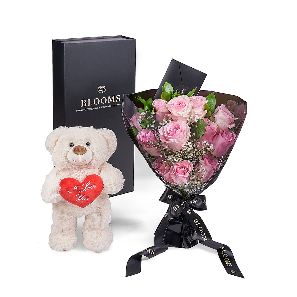 Valentine's Day 12 Stem Pink Rose Bouquet With Box &amp; Bear, Valentine's Day gifts, Vancouver Same Day Flower Delivery, plush gifts