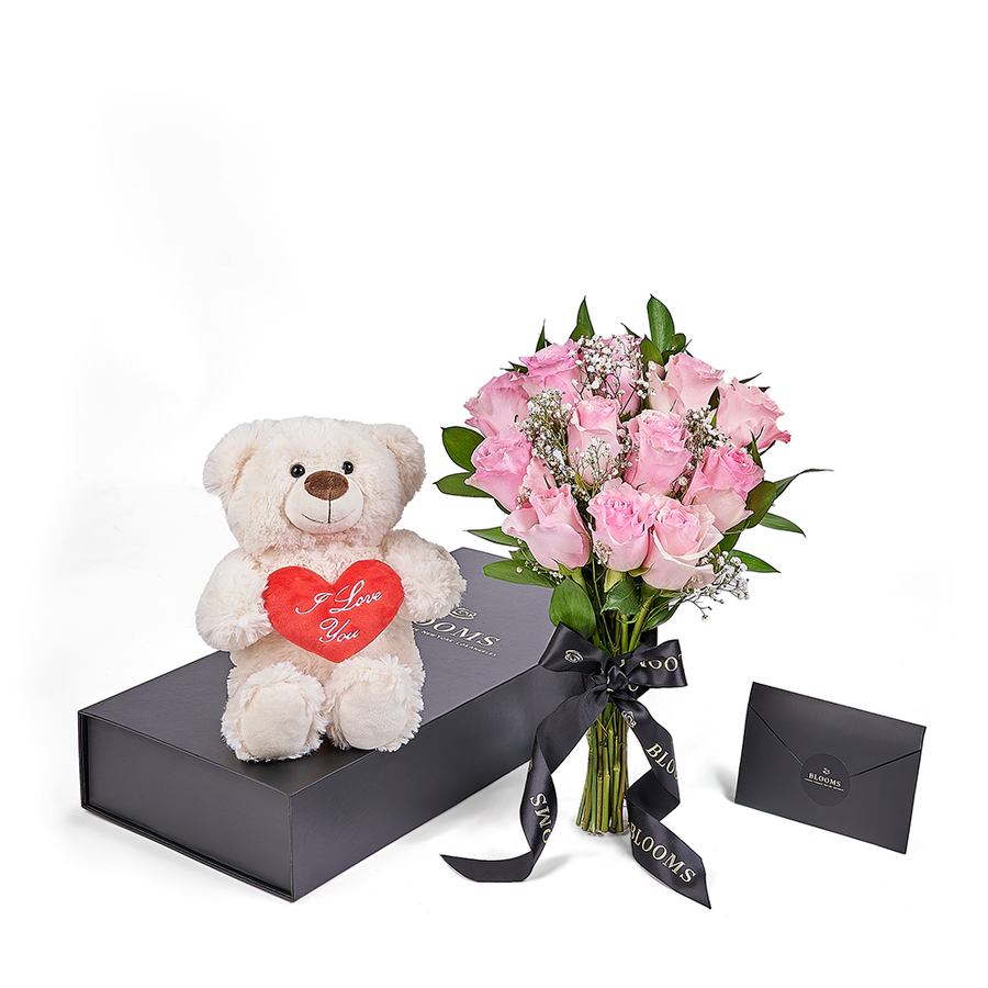 Valentine's Day 12 Stem Pink Rose Bouquet With Box & Bear, Valentine's Day gifts, Vancouver Same Day Flower Delivery, plush gifts