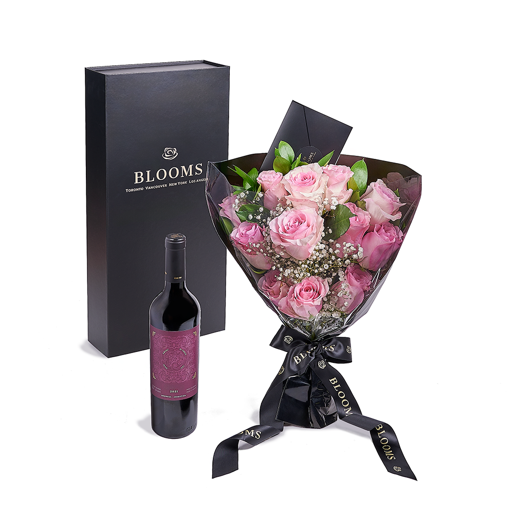 Valentine's Day 12 Stem Pink Rose Bouquet With Box &amp; Wine, Vancouver Same Day Flower Delivery, Valentine's Day gifts, rose gifts, pink roses, wine gifts