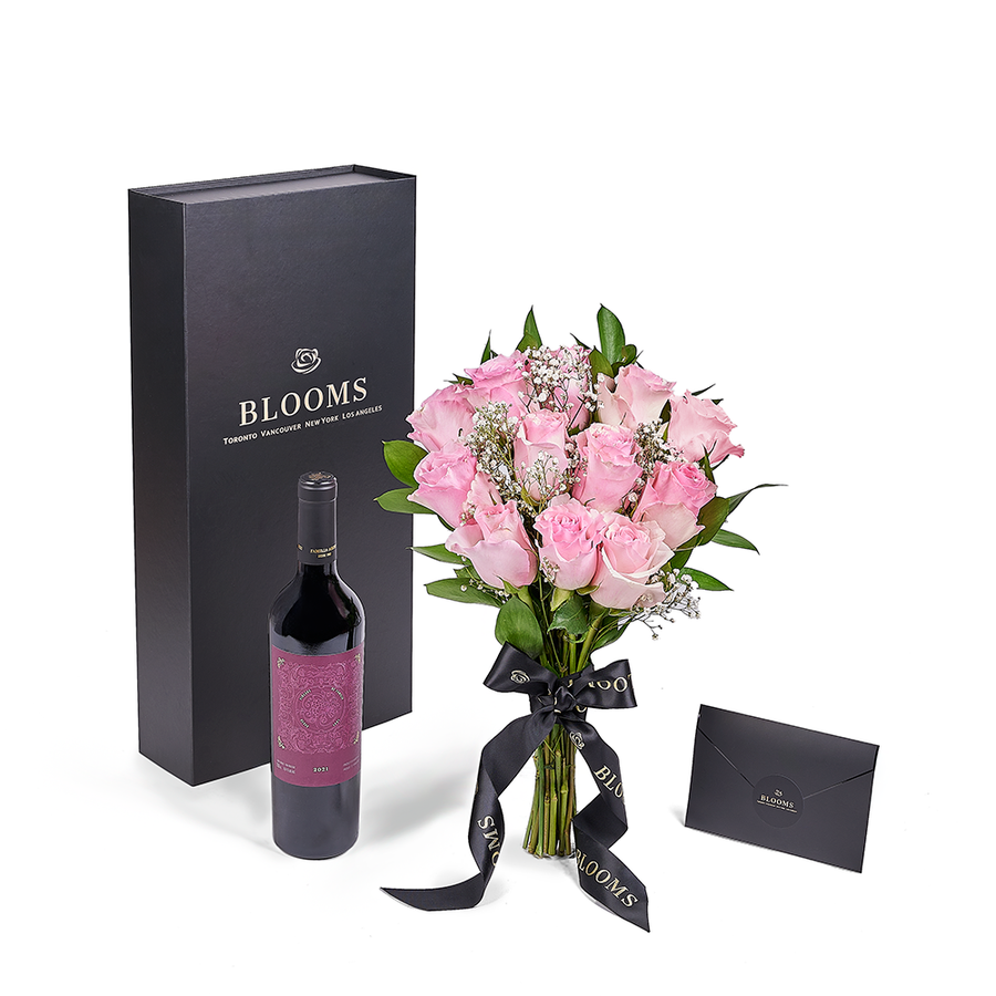 Valentine's Day 12 Stem Pink Rose Bouquet With Box & Wine, Vancouver Same Day Flower Delivery, Valentine's Day gifts, rose gifts, pink roses, wine gifts