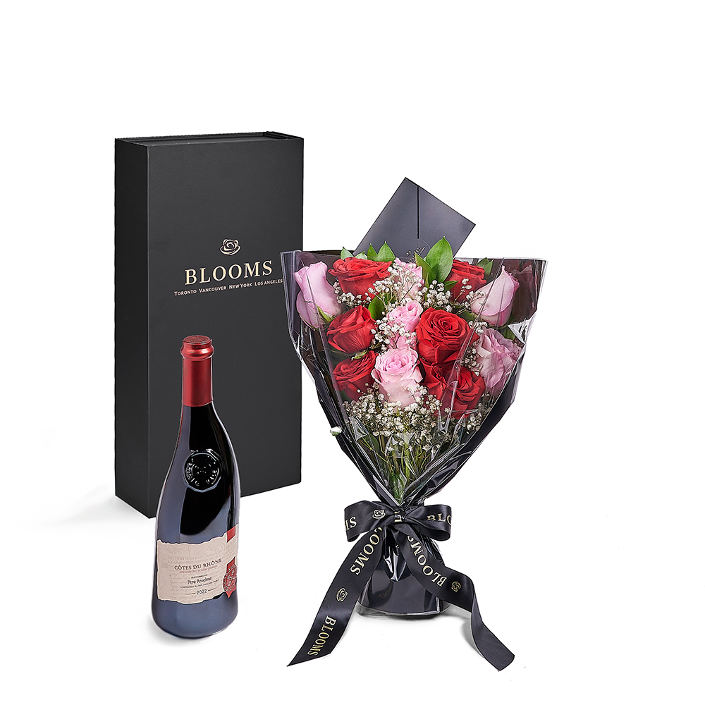 Valentine's Day 12 Stem Red &amp; Pink Rose Bouquet With Box &amp; Wine, Vancouver Same Day Flower Delivery, Valentine's Day gifts
