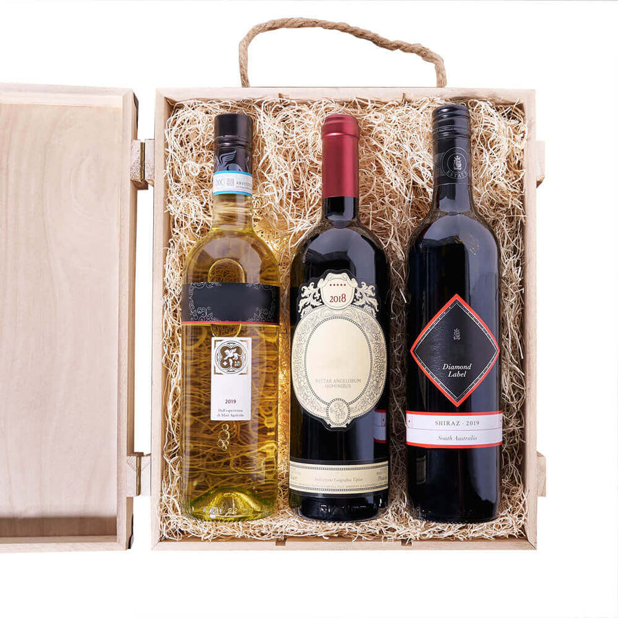 Wine Trio Gift Box, three bottles of wine elegantly packaged in a wooden gift box for convenient storage and a polished presentation, Wine Gifts from Vancouver Blooms - Same Day Vancouver Delivery.