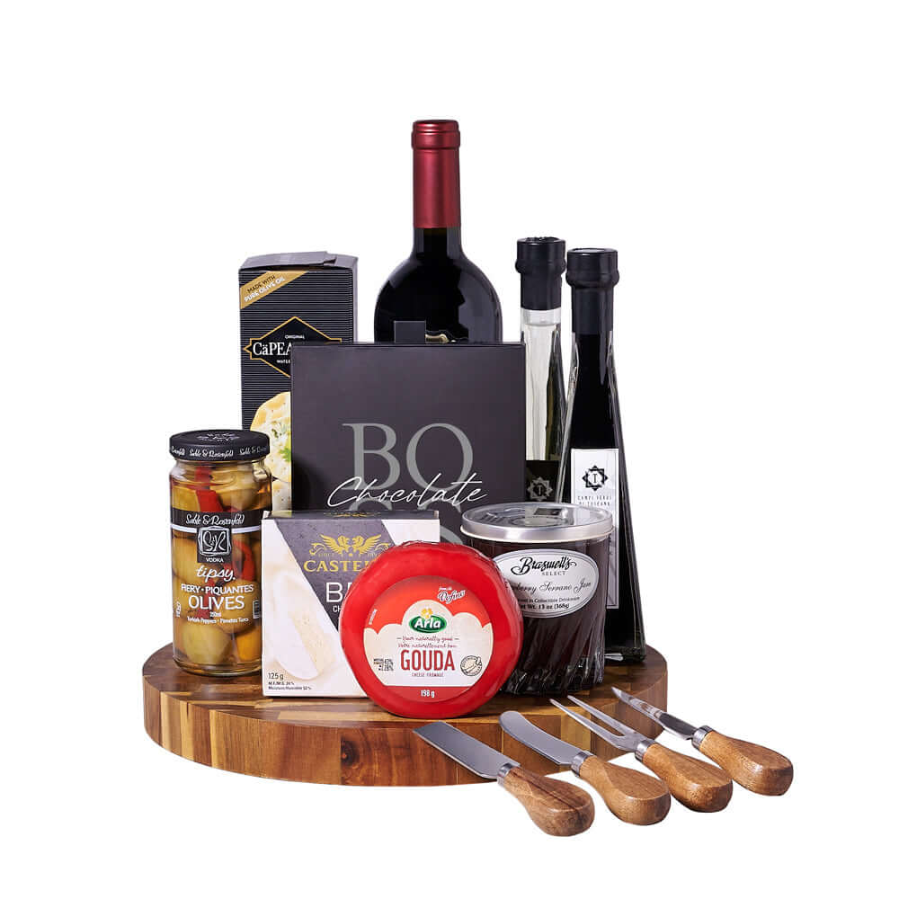 Wine & Cheeseboard Gourmet Gift, smooth gouda cheese, creamy brie cheese, strawberry serrano jam, extra virgin olive oil, balsamic vinegar, crackers, tipsy fiery olives, a box of chocolate truffles, a bottle of wine, a set of cheese knives, and a round end-grain cutting board for serving, Gourmet Gifts from Vancouver Blooms - Same Day Vancouver Delivery.