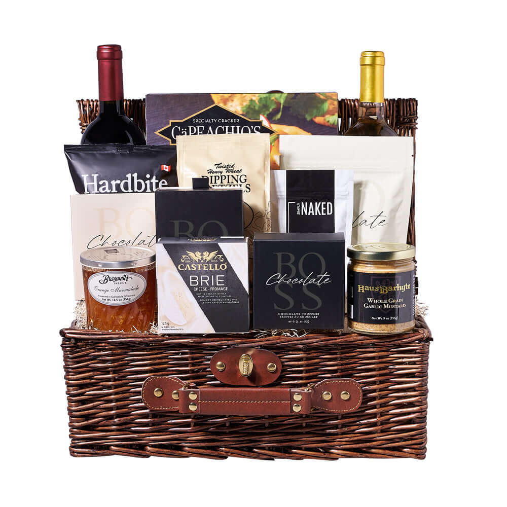 Wine & Snack Assortment Basket,  crackers, chips, orange marmalade, whole grain garlic mustard, dry roasted peanuts, dipping pretzels, creamy brie cheese, chocolate truffles, a chocolate bar, butterscotch shortbread cookies, and two bottles of wine, all beautifully presented in a classic picnic gift basket, Gourmet Gifts from Vancouver Blooms - Same Day Vancouver Delivery.