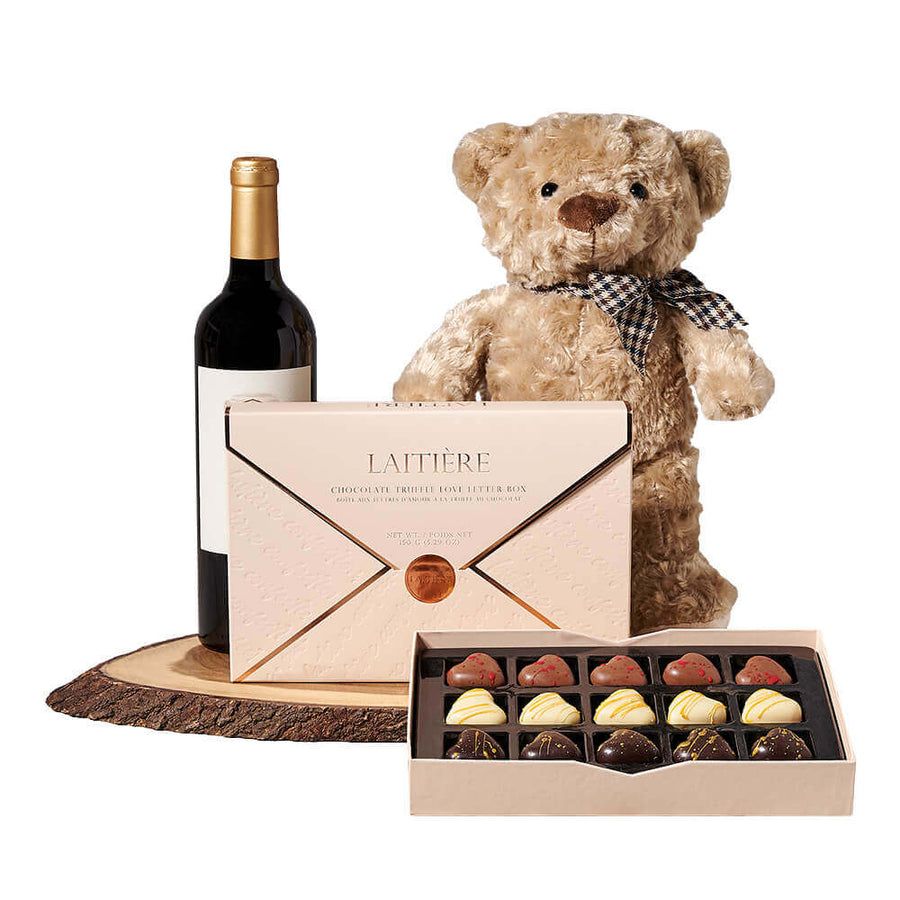 Wine & Teddy Chocolate Gift, wine gift, wine, chocolate gift, chocolate, teddy bear gift, teddy bear. Vancouver delivery