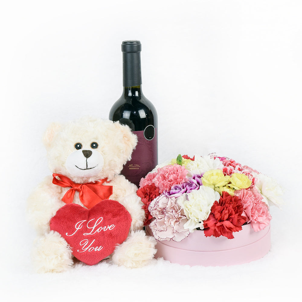A Day In Vienna Flowers &amp; Wine Gift, Carnation Hat Box With Wine and Plush, from Vancouver Blooms - Same Day Vancouver Delivery.
