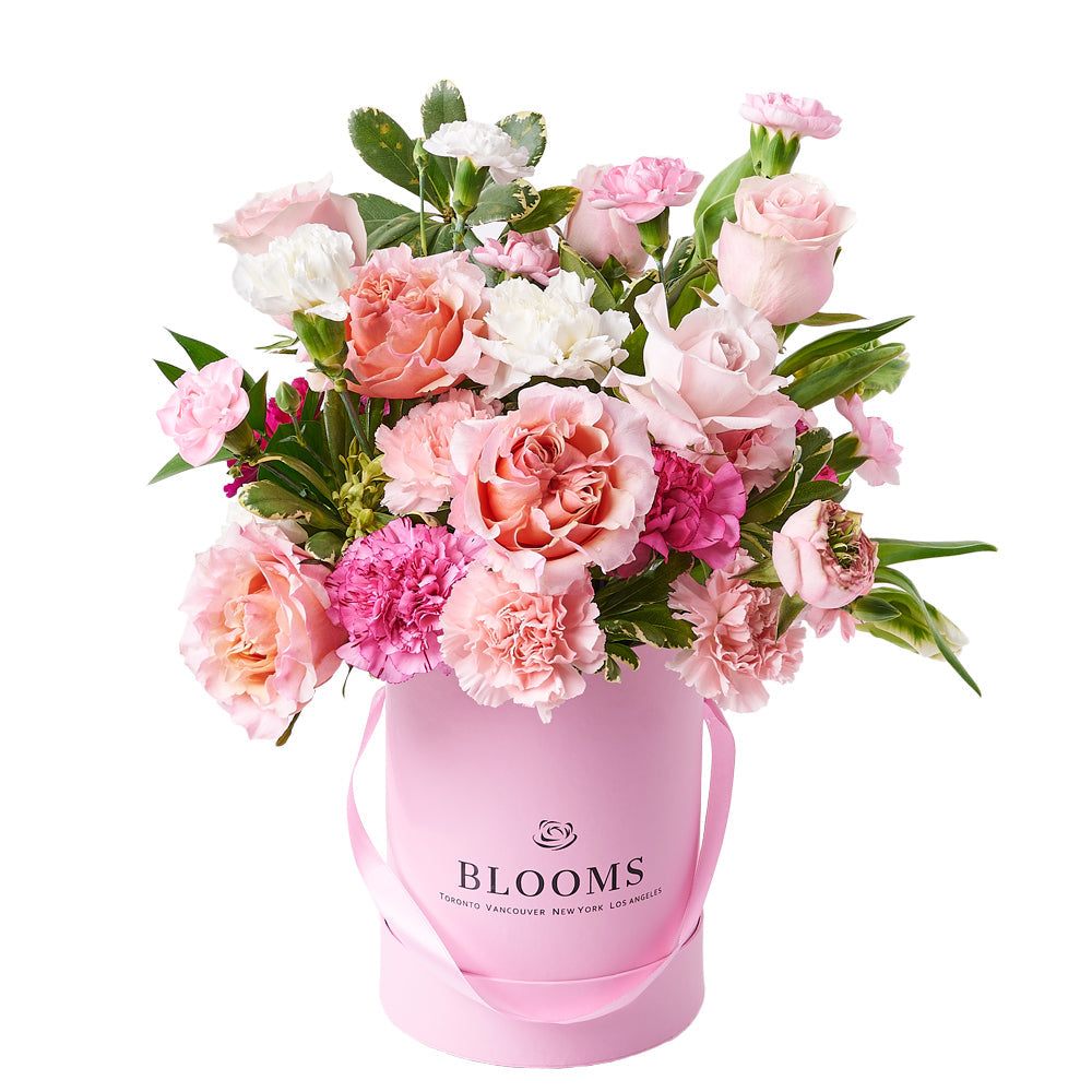 Dazzling Rose & Carnation Gift Box, a delightful mix of pink and white roses and carnations, elegantly presented in a pink box, making it a captivating centerpiece, Floral Gifts from Vancouver Blooms - Same Day Vancouver Delivery.