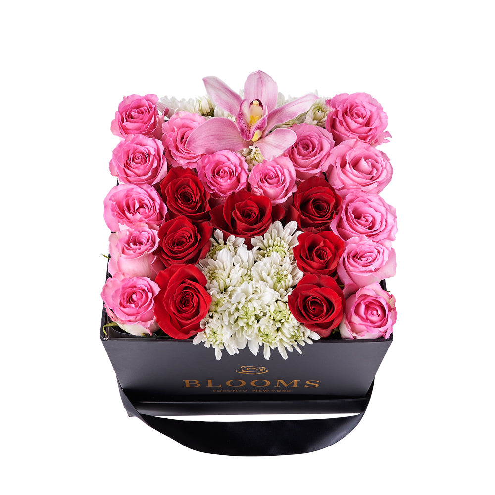 M is for Mom Floral Arrangement, a blend of orchids, roses, and daisies, harmonizing red, pink, and white hues to artistically form the letter 'M' within an elegant black box, Floral Gifts from Vancouver Blooms - Same Day Vancouver Delivery.
