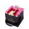 M is for Mom Floral Arrangement, a blend of orchids, roses, and daisies, harmonizing red, pink, and white hues to artistically form the letter 'M' within an elegant black box, Floral Gifts from Vancouver Blooms - Same Day Vancouver Delivery.