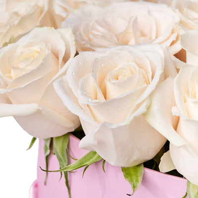 Delicate White Rose Gift Box, assortment of white roses arranged in a pink hat box for a stunning presentation, Floral Gifts from Vancouver Blooms - Same Day Vancouver Delivery.