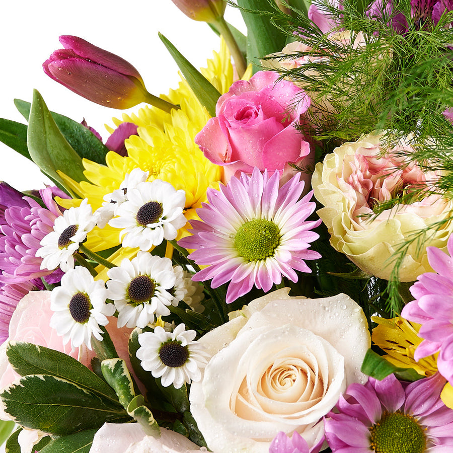 Mother's Day Mixed Spring Arrangement, a delightful mix of tulips, roses, spider chrysanthemums, daisies, alstroemeria, and lush greens thoughtfully arranged in a white hat box, Floral Gifts from Vancouver Blooms - Same Day Vancouver Delivery.