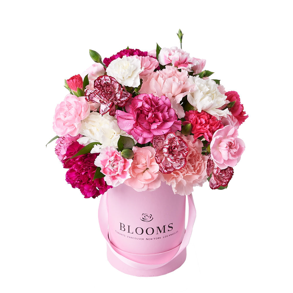 Perfectly Pink Carnation Gift Box, arrangement of pink and white carnations in a charming pink hat box is a thoughtful way to let someone special know you're thinking of them, Floral Gifts from Vancouver Blooms - Same Day Vancouver Delivery.