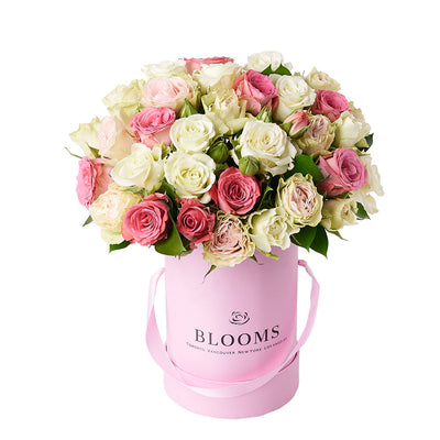 Mother's Day Elegant Rose Box, a selection of pink and white spray roses elegantly arranged in a pink gift box, Floral Gifts from Vancouver Blooms - Same Day Vancouver Delivery.