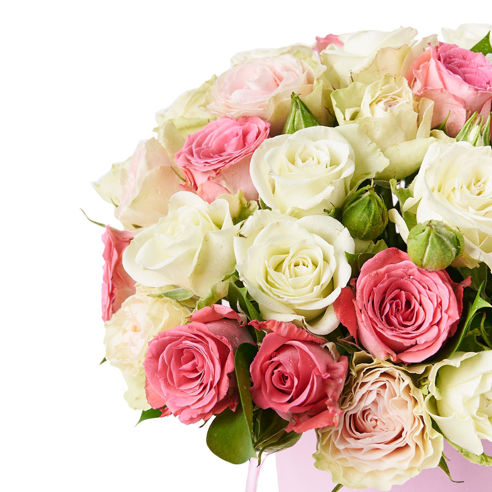 Mother's Day Elegant Rose Box, a selection of pink and white spray roses elegantly arranged in a pink gift box, Floral Gifts from Vancouver Blooms - Same Day Vancouver Delivery.