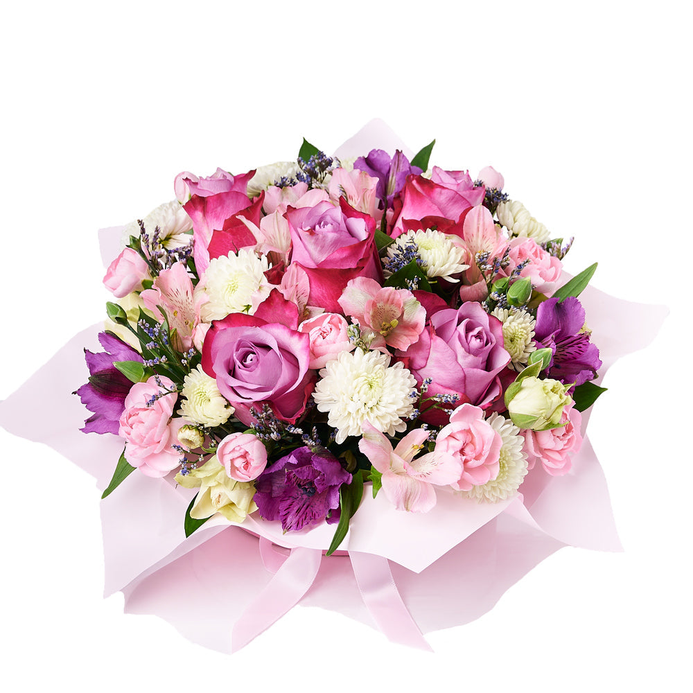 Dazzling Mixed Box Arrangement, a variety of fresh flowers, including roses, carnations, daisies, and alstroemeria, elegantly arranged in a pink hat box, Floral Gifts from Vancouver Blooms - Same Day Vancouver Delivery.