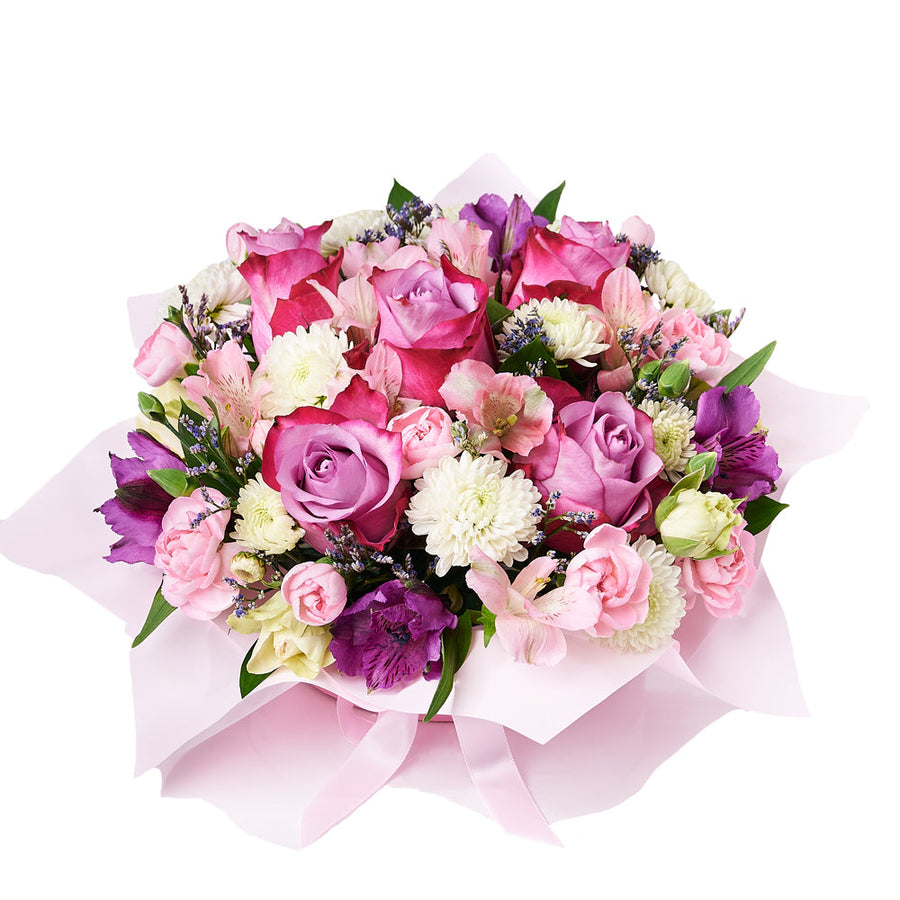 Dazzling Mixed Box Arrangement, a variety of fresh flowers, including roses, carnations, daisies, and alstroemeria, elegantly arranged in a pink hat box, Floral Gifts from Vancouver Blooms - Same Day Vancouver Delivery.