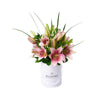 Glorious Lily Gift Box, a selection of pink lilies and lush greens carefully arranged in a white hat box, Floral Gifts from Vancouver Blooms - Same Day Vancouver Delivery.