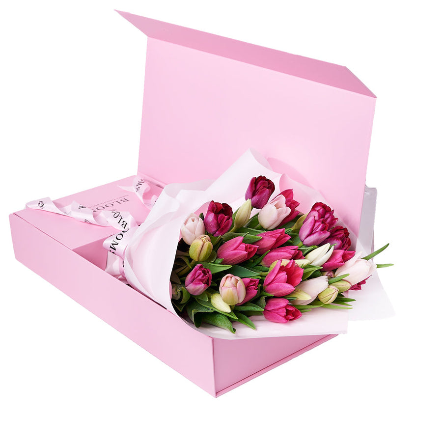 Mother’s Day Assorted Tulip Bouquet & Box, fresh and special gift with this beautiful tulip bouquet elegantly presented in a bouquet box for an exquisite display, Flower Gifts from Vancouver Blooms - Same Day Vancouver Delivery.