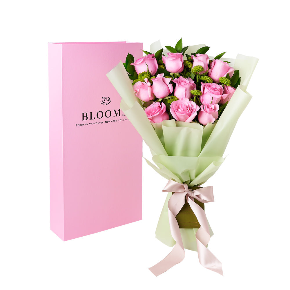 Pink Mixed Rose & Daisy Bouquet with Box, a delightful arrangement of delicate pink roses and daisies elegantly wrapped and adorned with ribbon, with a charming pink flower box, Floral Gifts from Vancouver Blooms - Same Day Vancouver Delivery.