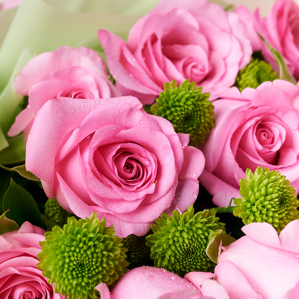 Pink Mixed Rose & Daisy Bouquet with Box, a delightful arrangement of delicate pink roses and daisies elegantly wrapped and adorned with ribbon, with a charming pink flower box, Floral Gifts from Vancouver Blooms - Same Day Vancouver Delivery.
