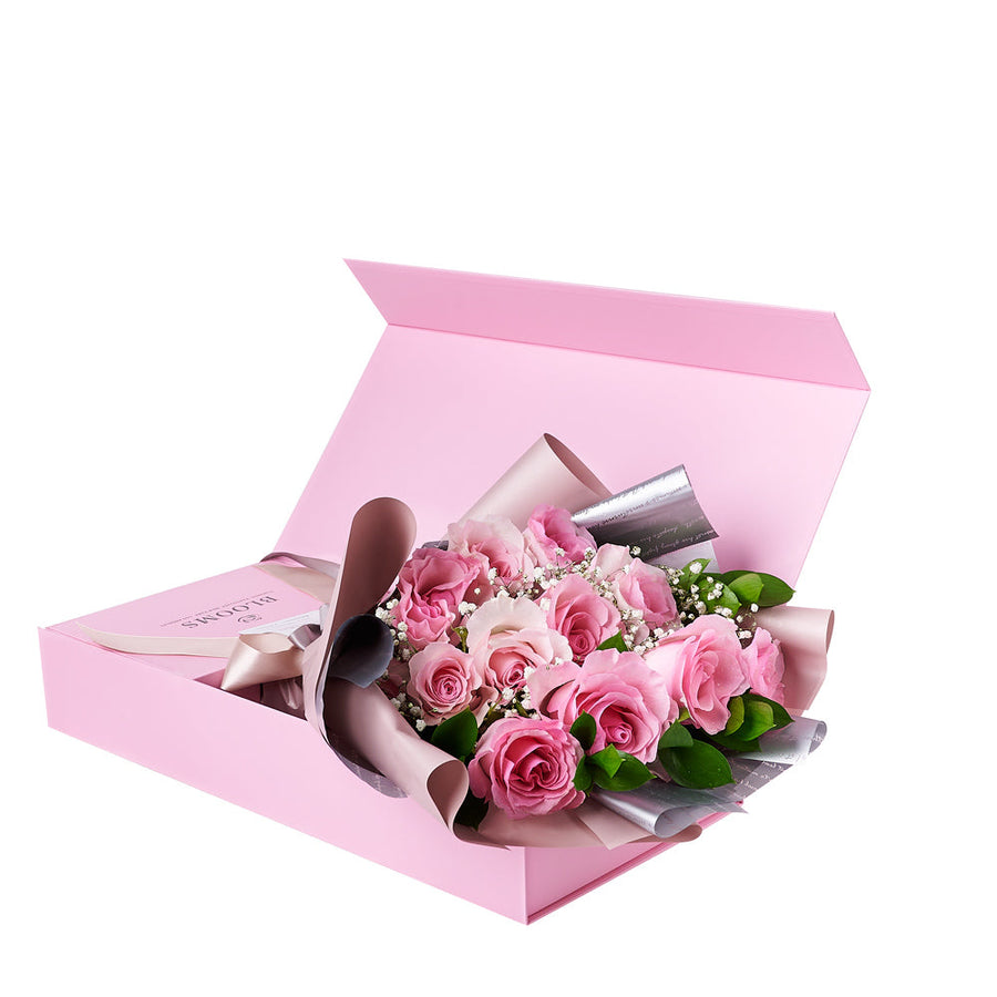 Simply Perfect Pink Rose Bouquet & Box, delicate pink roses bouquet the beauty of a blooming rose speaks for itself, elegantly presented in a flower box, Floral Gifts from Vancouver Blooms - Same Day Vancouver Delivery.