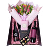 Resplendent Spring Tulip Gift Set, a sizable bouquet of tulips, elegantly wrapped and tied with ribbon, carefully placed in a flower gift box alongside two bottles of wine and a box of chocolate truffles, Floral Gifts from Vancouver Blooms - Same Day Vancouver Delivery.